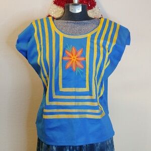 Handcrafted Blue and yellow poplin blouse from Oaxaca